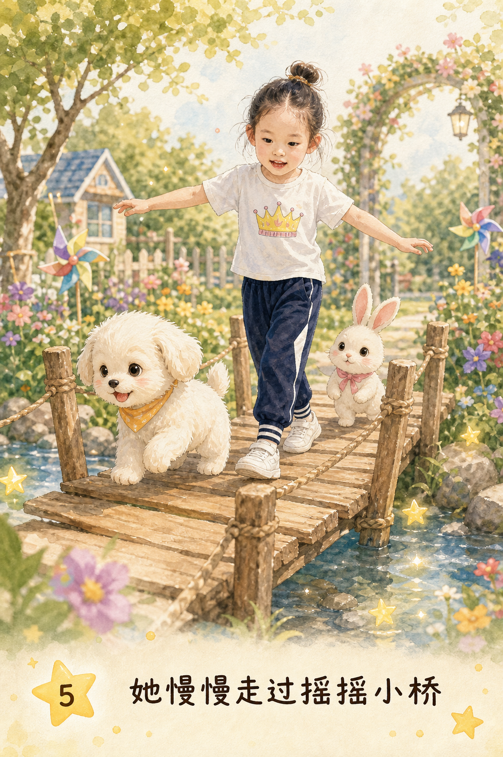 她慢慢走过摇摇小桥